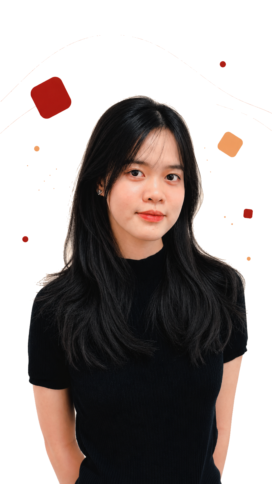 Quin portrait with warm editorial particle background
